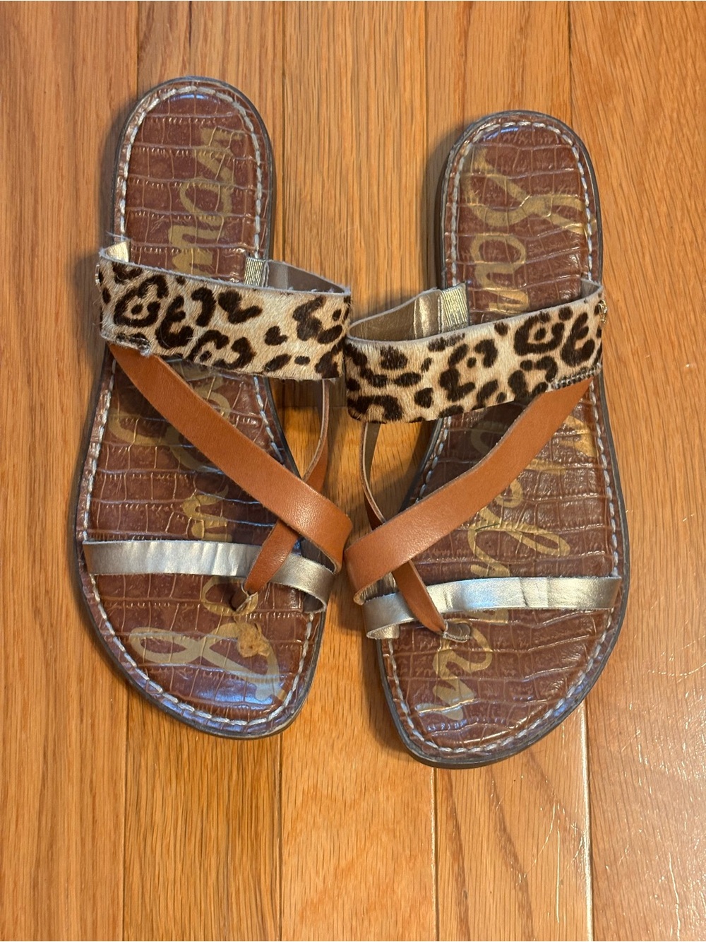 Sam Edelman Leopard Haircalf & Tan Leather Slide Sandals with Silver Accents